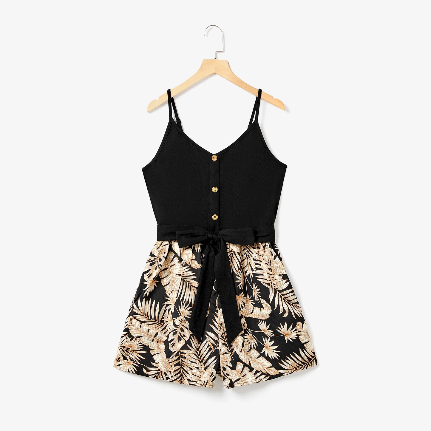 Mommy and Me Camisole Leaf Print Belted One-piece Romper Suitable for Summer Season Soft and Comfortable