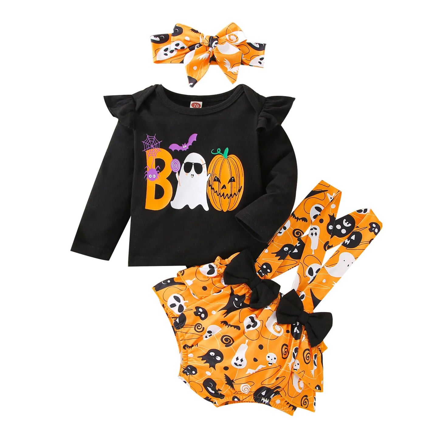 Infant Girls Clothes Sets Pumpkin Print Long Sleeve Tops+Suspenders Shorts+Headbands My First Halloween Costume 3pcs