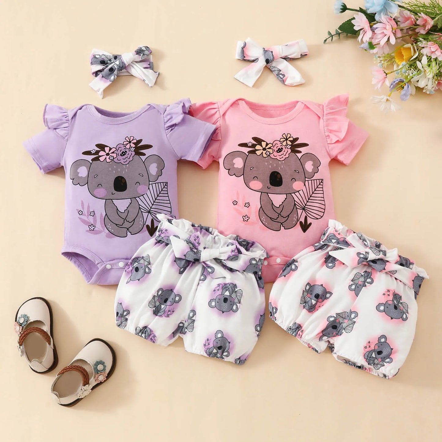 Newborn Baby Girls Clothes Set Cartoon Animal Prints Short Sleeve Romper+Shorts +Headband Summer Lovely 3PCS Outfits 0-2Years