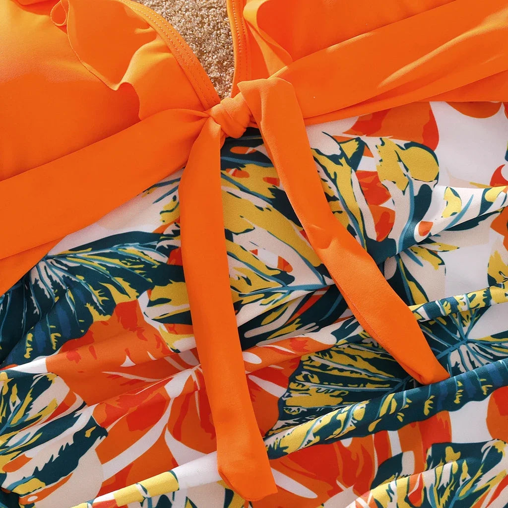 Family Matching Swimsuit Orange All Over Tropical Plant Print Splicing Ruffle One-Piece Swimsuit and Swim Trunks Shorts