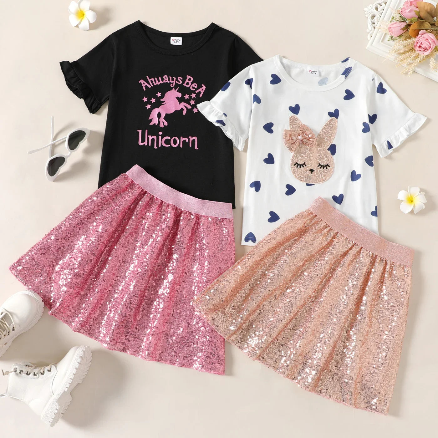 Kid Girl Unicorn Letter Print/Sequin Rabbit Pattern Heart Print Short-sleeve Tee and Sequined Skirt Set 2-piece