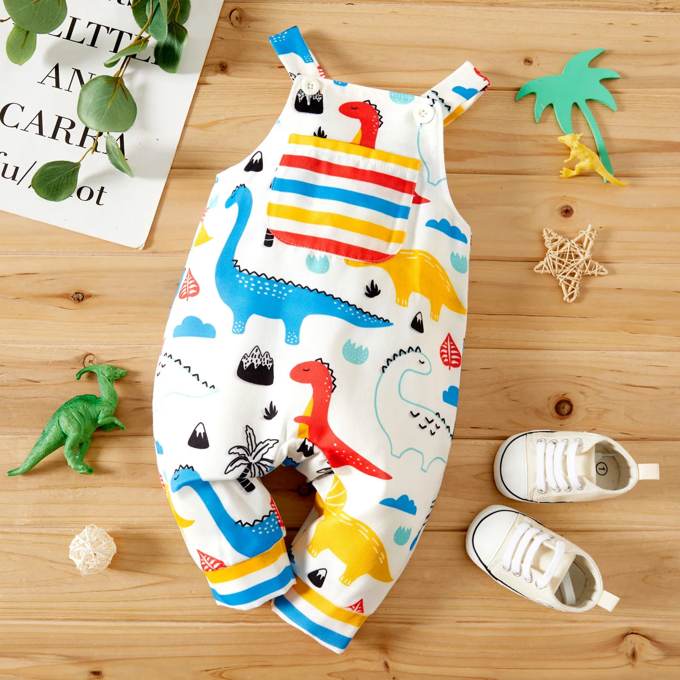 Baby Boy All Over Multicolor Dinosaur Print Sleeveless Jumpsuit Overalls Soft and Comfortable  Perfect for Outings