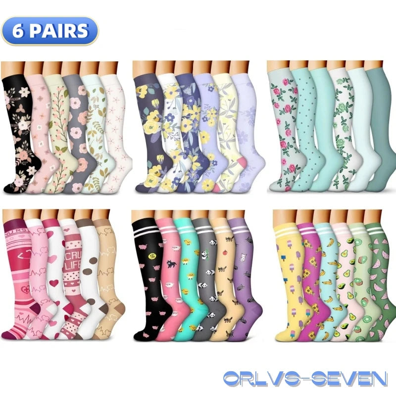 6 PAIRS Flowers Animal Fruit Compression Socks for Men Women Running Nurse Socks Nurses Sport Ladies Lady Womens Running