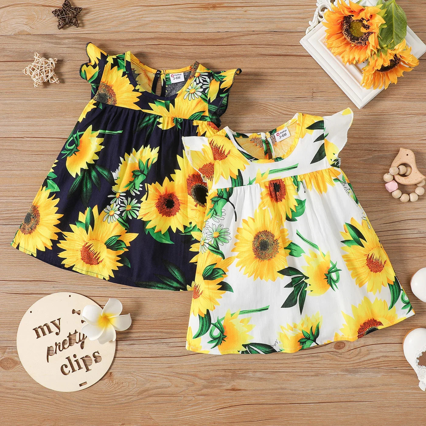 Baby Girl 100% Cotton Cotton Sunflower Print Flutter-sleeve Dress Suitable for Summer Season Soft and Comfortable