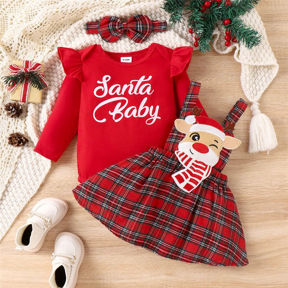 Newborn Infant Baby Girls Christmas Clothes Outfits Letter Print Romper Cartoon Deer Plaid Skirts Headwear Xmas Gifts Costume