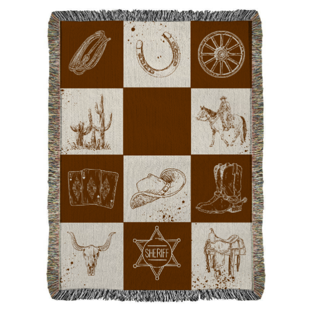 Western Woven Blanket, Cowboy Theme Throw, Personalized Cotton Blanket Gift, Rustic Home Decor, Custom Heirloom Tapestry, Western Art Decor