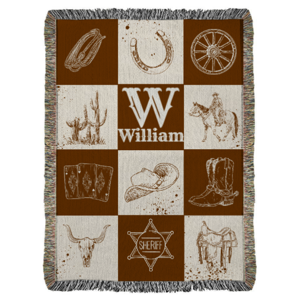 Western Woven Blanket, Cowboy Theme Throw, Personalized Cotton Blanket Gift, Rustic Home Decor, Custom Heirloom Tapestry, Western Art Decor