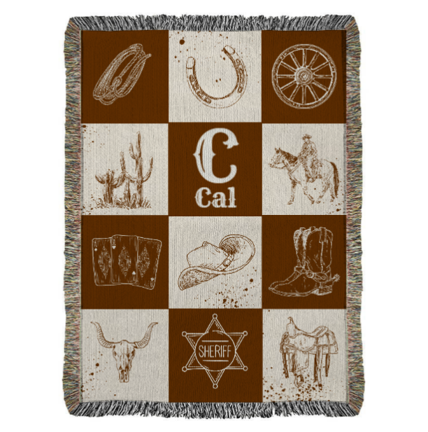 Western Woven Blanket, Cowboy Theme Throw, Personalized Cotton Blanket Gift, Rustic Home Decor, Custom Heirloom Tapestry, Western Art Decor