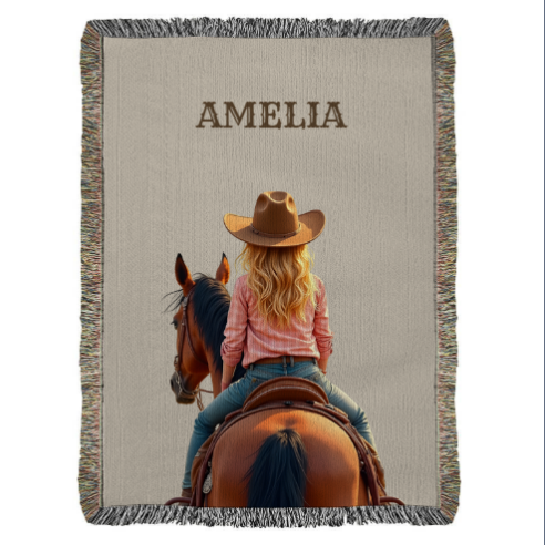 Personalized Cowboy/Cowgirl Blanket, Custom Woven Cotton Throw, Western Gift, Unique Equestrian Home Décor, Horse Lover Gift