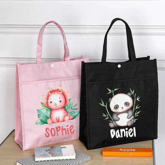 Personalized Animal with Name Kids Library Tote Bags, Reading Books Bag, Children School Bag, Kids Birthday Gifts