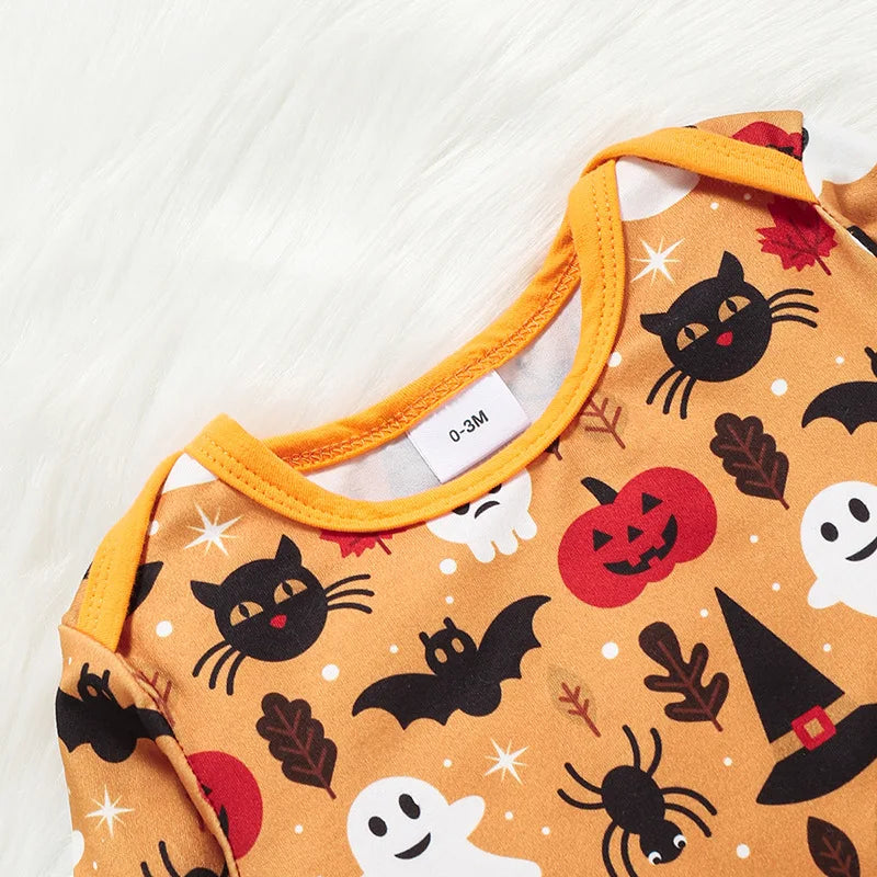 Spring and Autumn New Halloween Infant and Female Baby Bodysuit Round Neck Long sleeved Adjustable Split Bodysuit