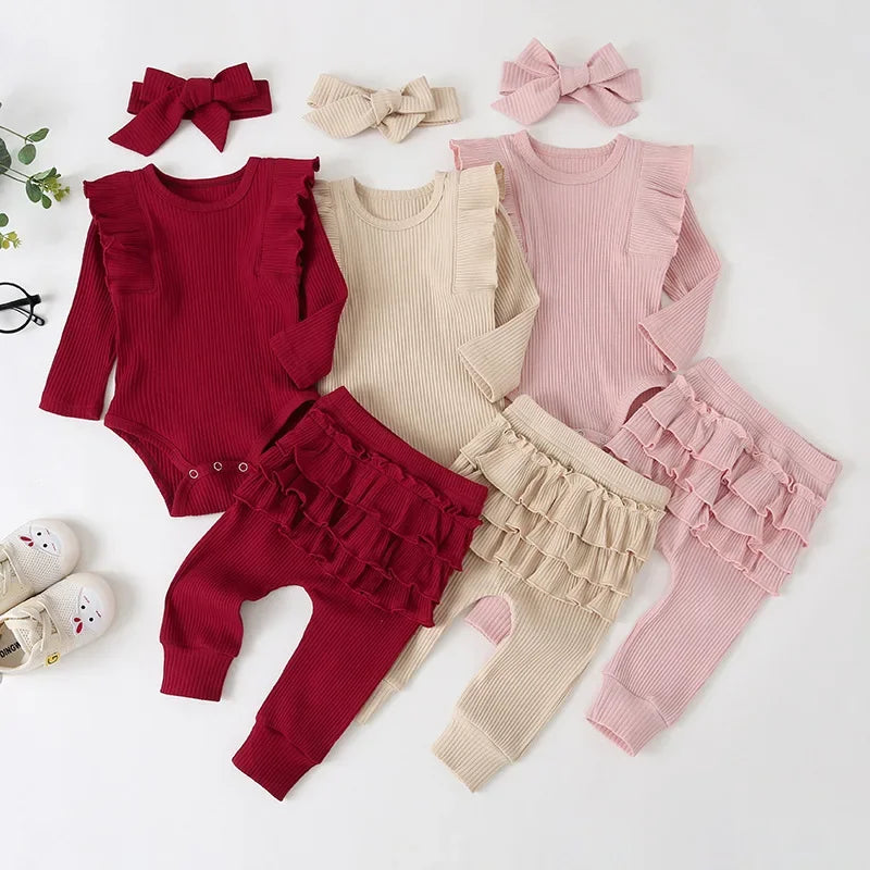 Newborn Infant Baby Girls Ruffle T-Shirt Romper Tops Leggings Pant Outfits Clothes Set Long Sleeve Fall Winter Clothing