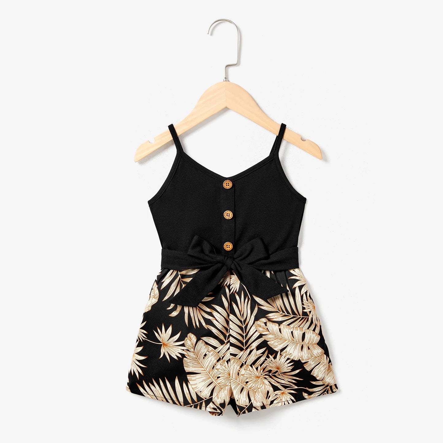 Mommy and Me Camisole Leaf Print Belted One-piece Romper Suitable for Summer Season Soft and Comfortable