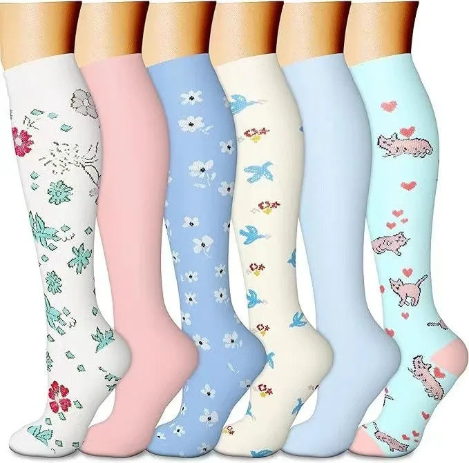 6 PAIRS Flowers Animal Fruit Compression Socks for Men Women Running Nurse Socks Nurses Sport Ladies Lady Womens Running