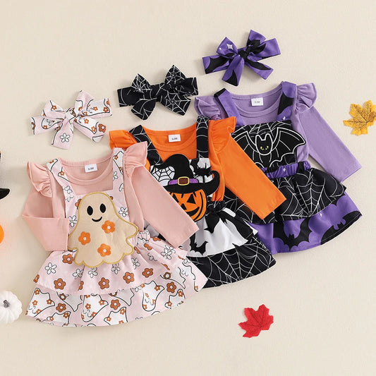 Newborn Baby Girls Halloween Clothes Sets Flying Sleeve Rompers Pumpkin/Ghost Embroidery Suspender Skirts Headband Outfits