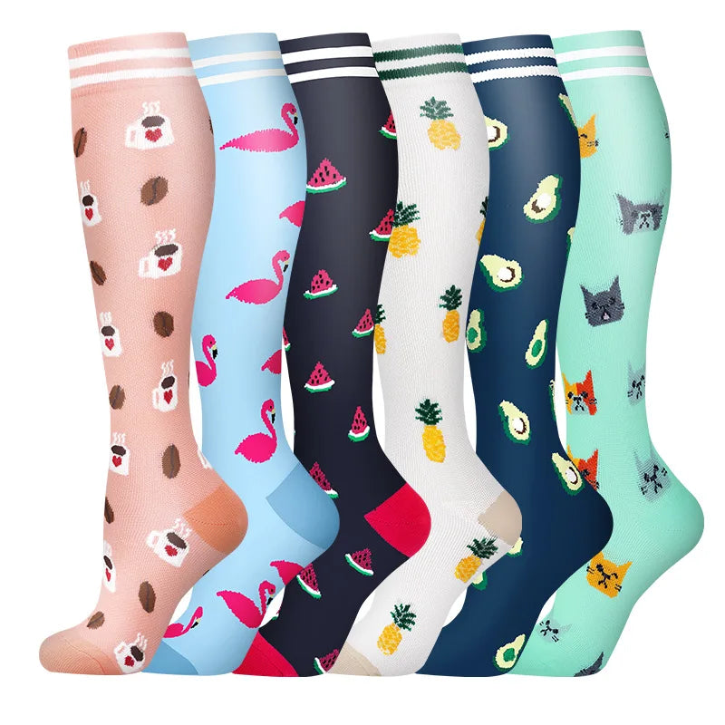 6 PAIRS Flowers Animal Fruit Compression Socks for Men Women Running Nurse Socks Nurses Sport Ladies Lady Womens Running