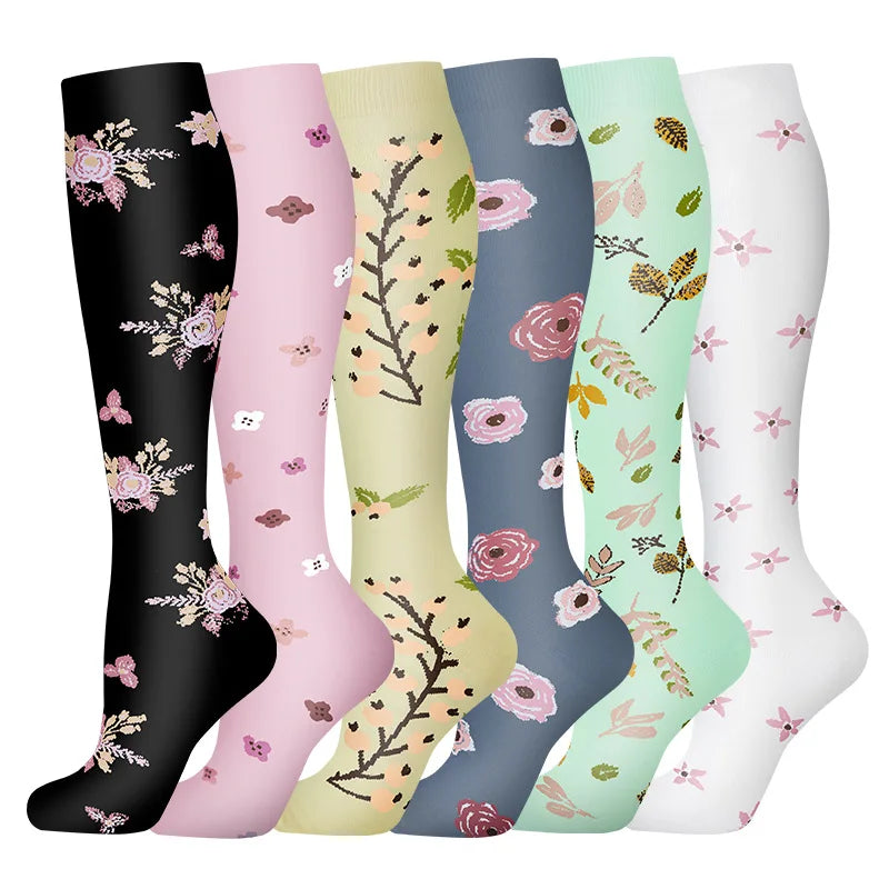 6 PAIRS Flowers Animal Fruit Compression Socks for Men Women Running Nurse Socks Nurses Sport Ladies Lady Womens Running