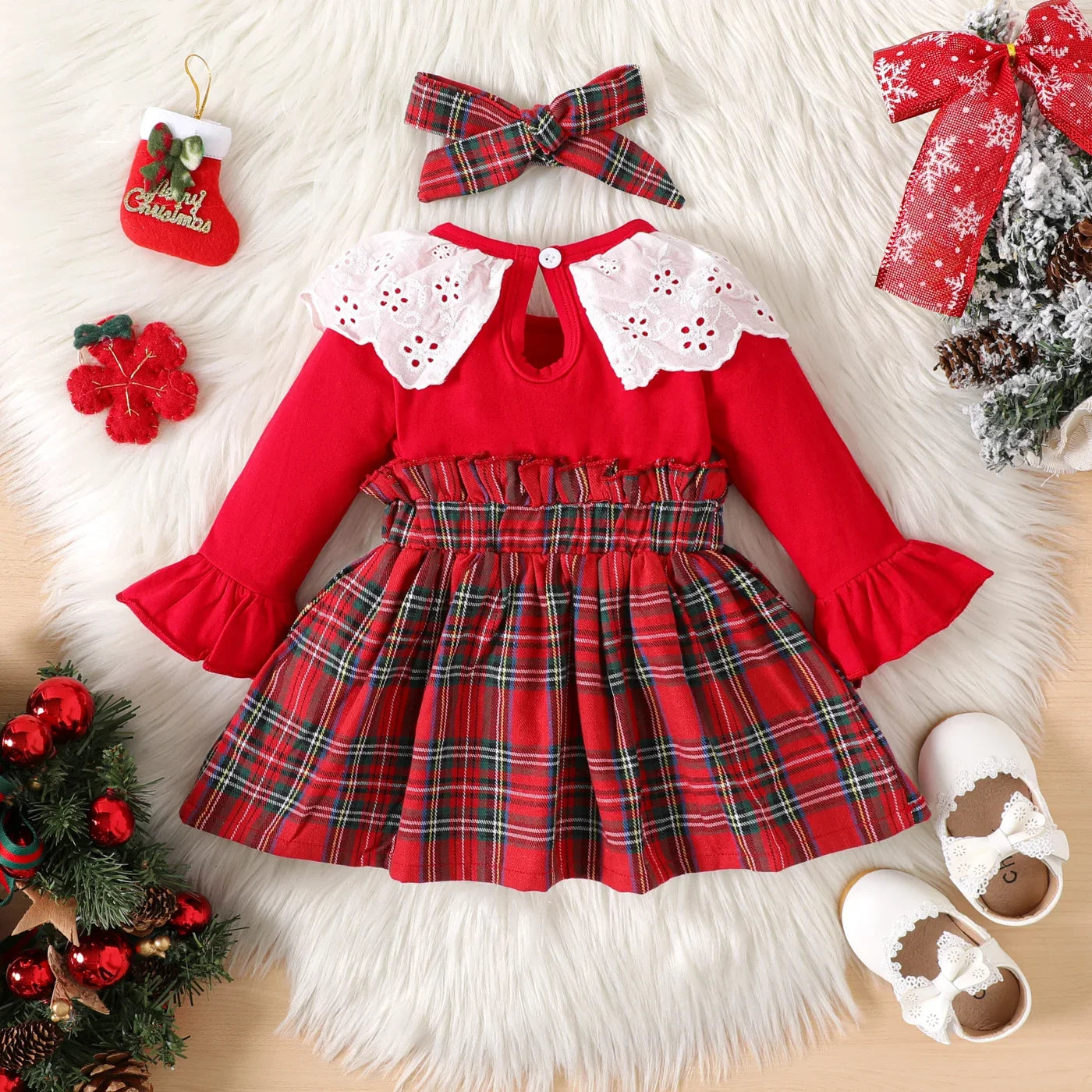 Baby Girl 95% Cotton Long-sleeve Spliced Plaid Bow Front Ruffle Collar Dress with Headband Set Comfortable 2pcs