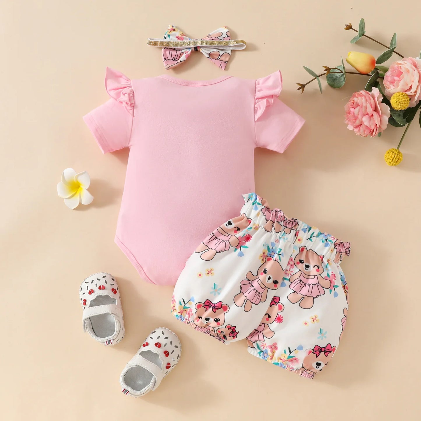 Sweet Baby Summer Short Sleeve Set: Pink Triangle Bib Tee with Bow Shorts