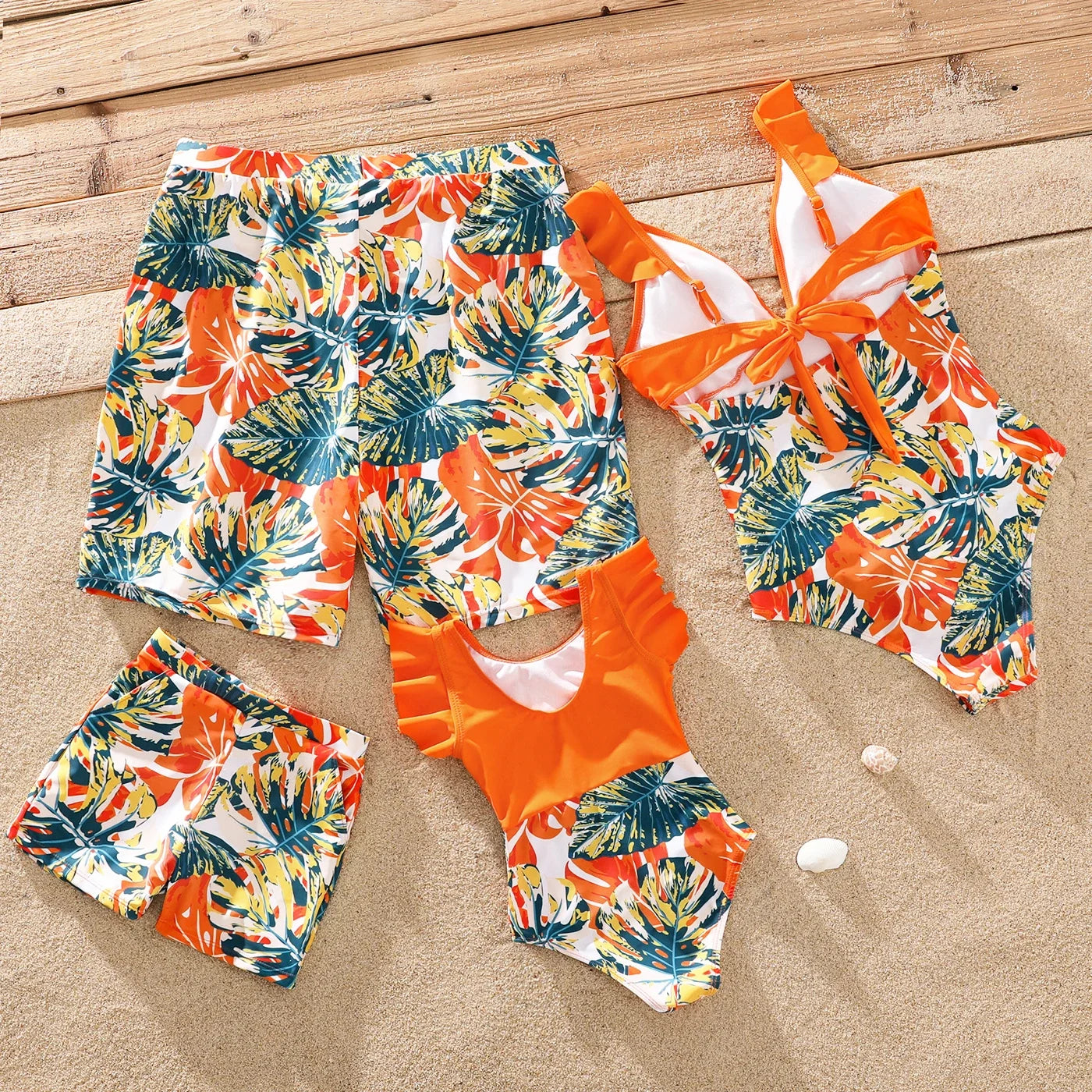 Family Matching Swimsuit Orange All Over Tropical Plant Print Splicing Ruffle One-Piece Swimsuit and Swim Trunks Shorts