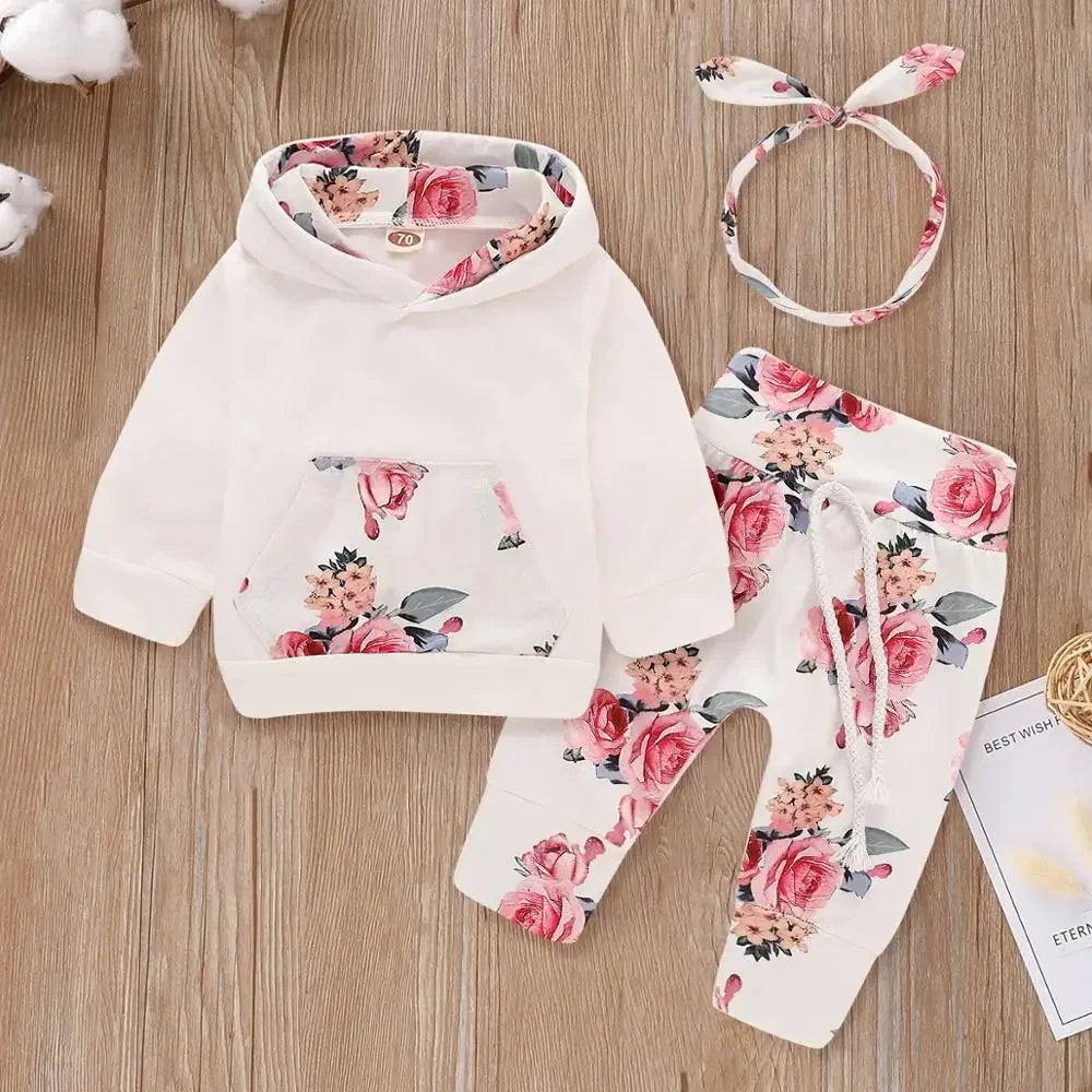 Baby Girl Clothes 95% Cotton Long-sleeve Hoodie and Floral Print Pants with Headband Baby Clothing Sets 3pcs