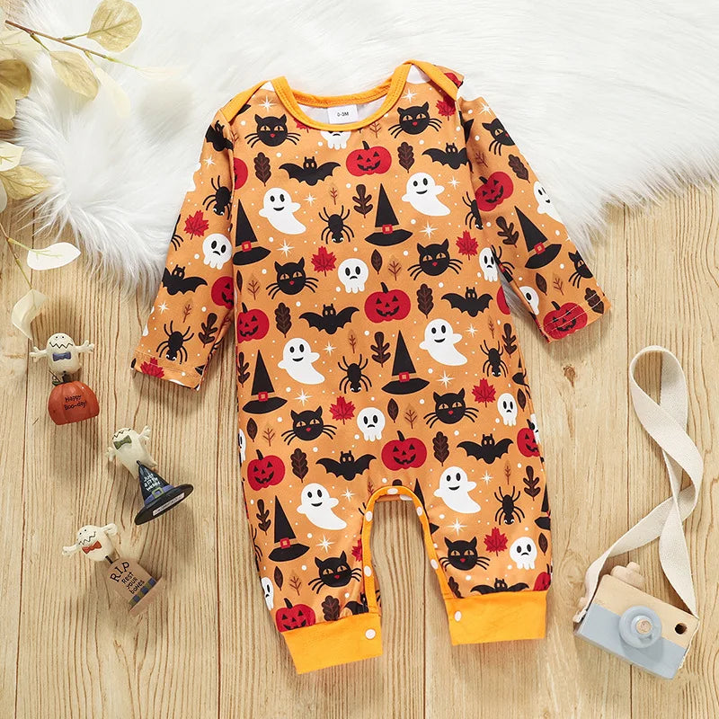 Spring and Autumn New Halloween Infant and Female Baby Bodysuit Round Neck Long sleeved Adjustable Split Bodysuit