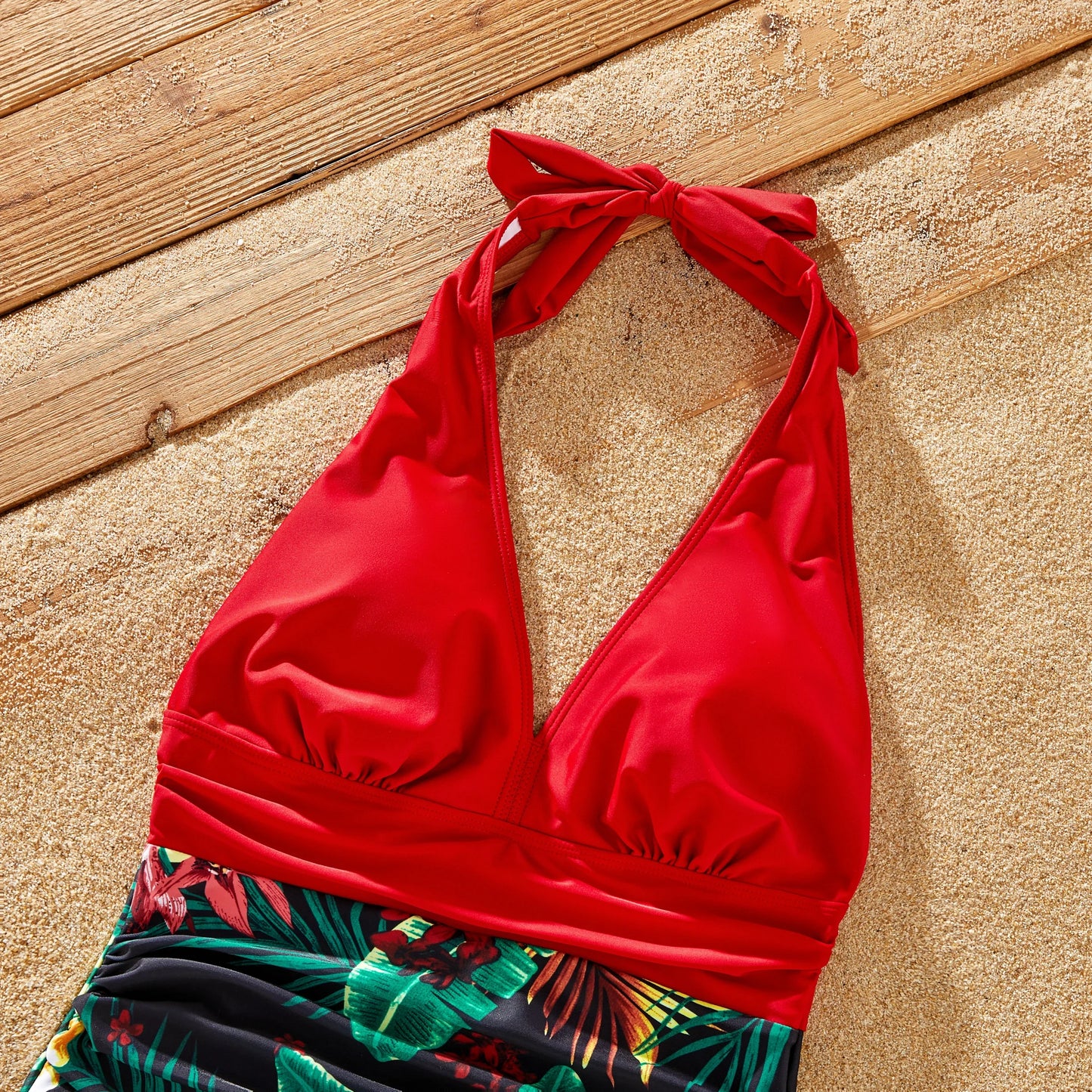 Family Matching Floral Drawstring Swim Trunks or Red Halter Top Spliced Swimsuit Suitable for Summer Season