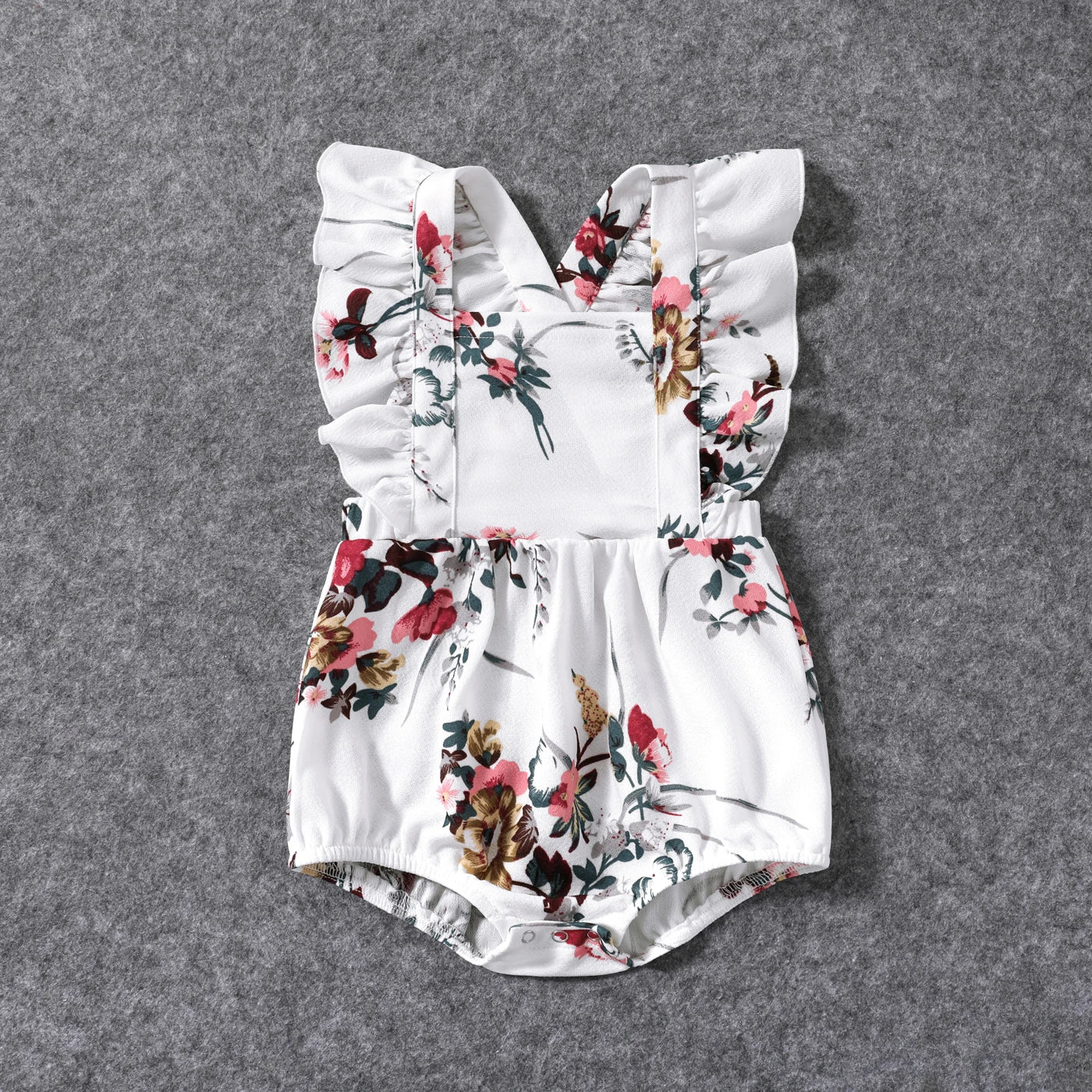 All Over Floral Print White Halter Neck Off Shoulder Belted Romper Shorts for Mom and Me