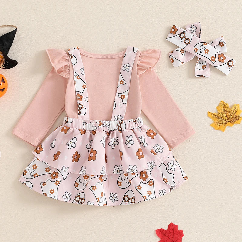 Newborn Baby Girls Halloween Clothes Sets Flying Sleeve Rompers Pumpkin/Ghost Embroidery Suspender Skirts Headband Outfits