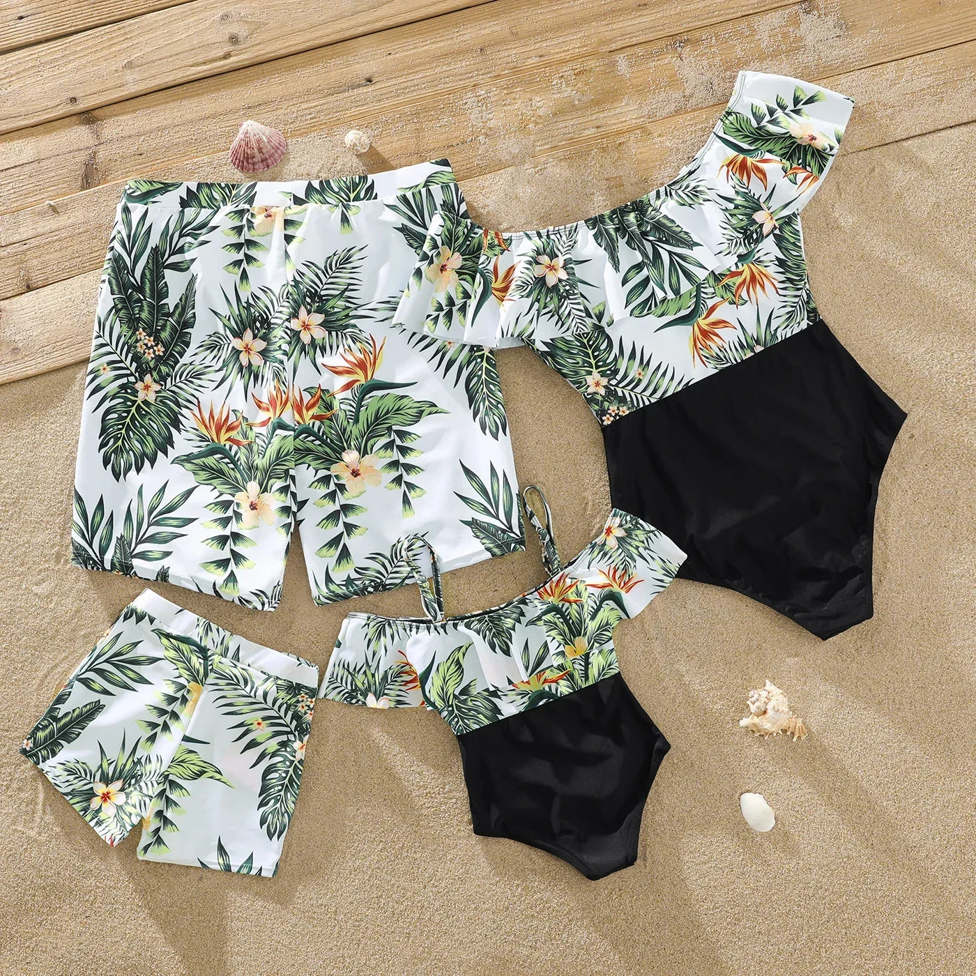 Summer Family Matching Swimsuit One Piece Plant Flounce Plumeria Print Family Matching Swimsuit Swimwear Clothes Sets