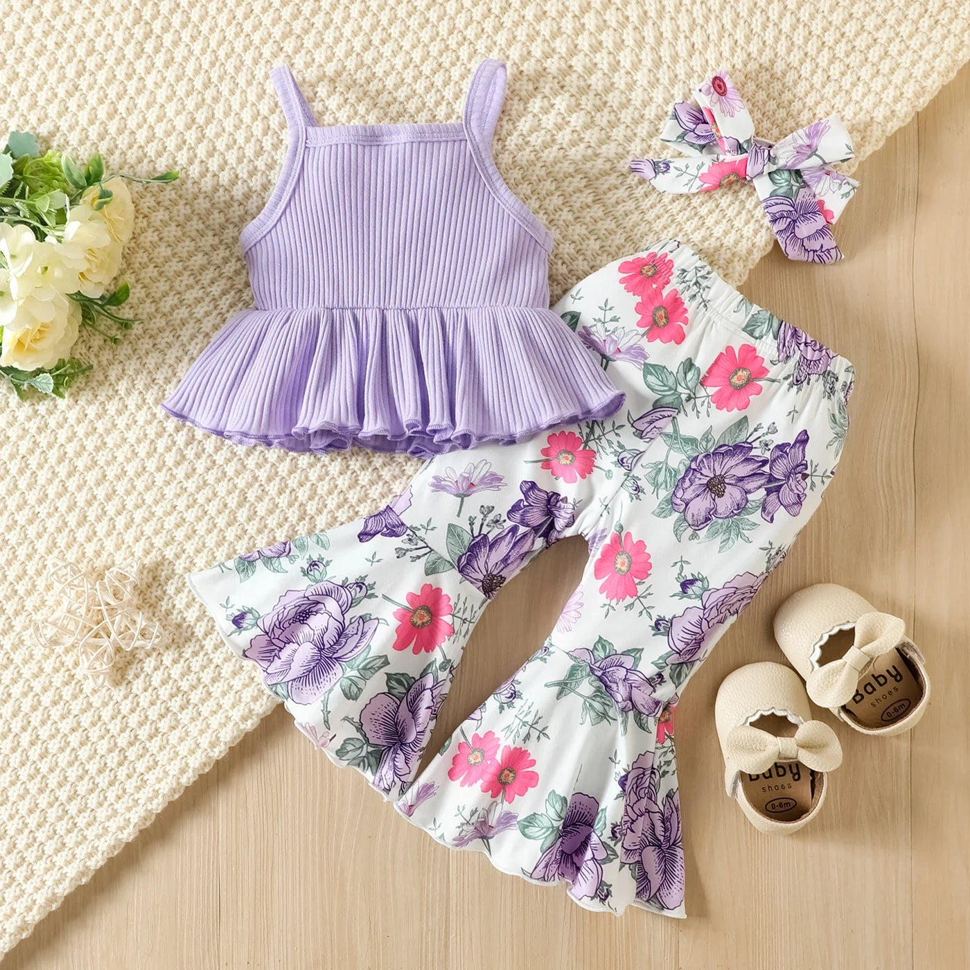 PatPat 3pcs Baby Girl 95% Cotton Ribbed Ruffle Hem Cami Top and Bow Front Floral Print Flared Pants & Headband Set