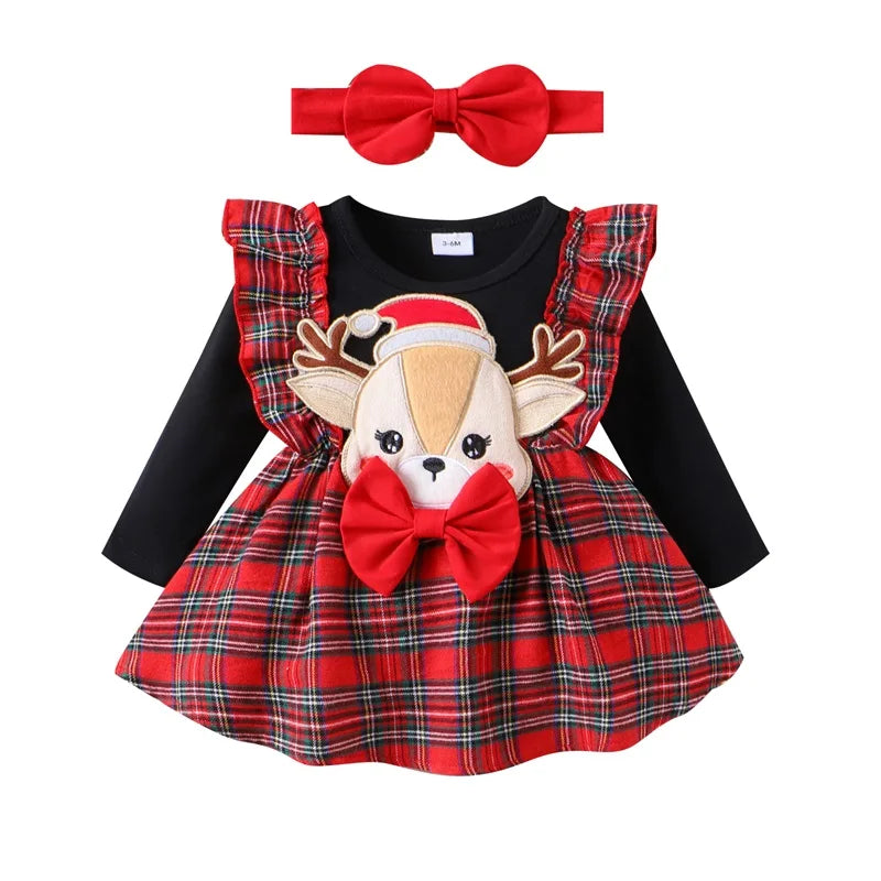 Baby Girl Christmas Dress 2pcs Ruffle Long Sleeve Reindeer Embroidery Plaid Print Dress with Headband 0-24M Infant