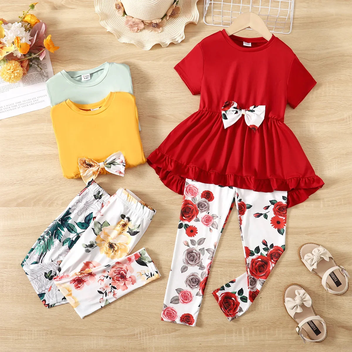 Kid Girl Bow Front Peplum Top and Plant Floral Pants Set Soft and Comfortable  Perfect for Outings and Daily Wear 2pcs