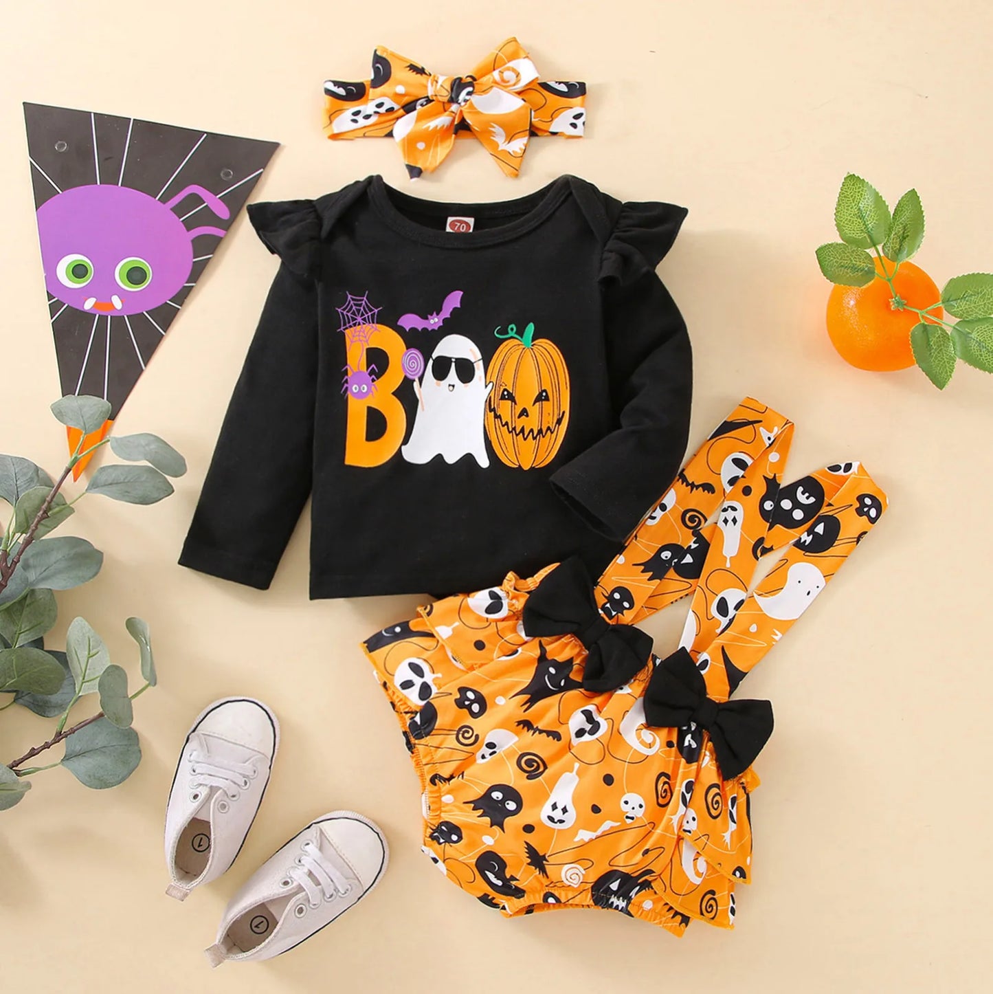 Infant Girls Clothes Sets Pumpkin Print Long Sleeve Tops+Suspenders Shorts+Headbands My First Halloween Costume 3pcs