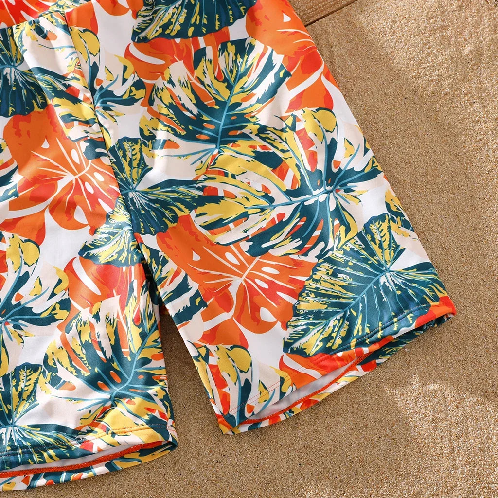 Family Matching Swimsuit Orange All Over Tropical Plant Print Splicing Ruffle One-Piece Swimsuit and Swim Trunks Shorts