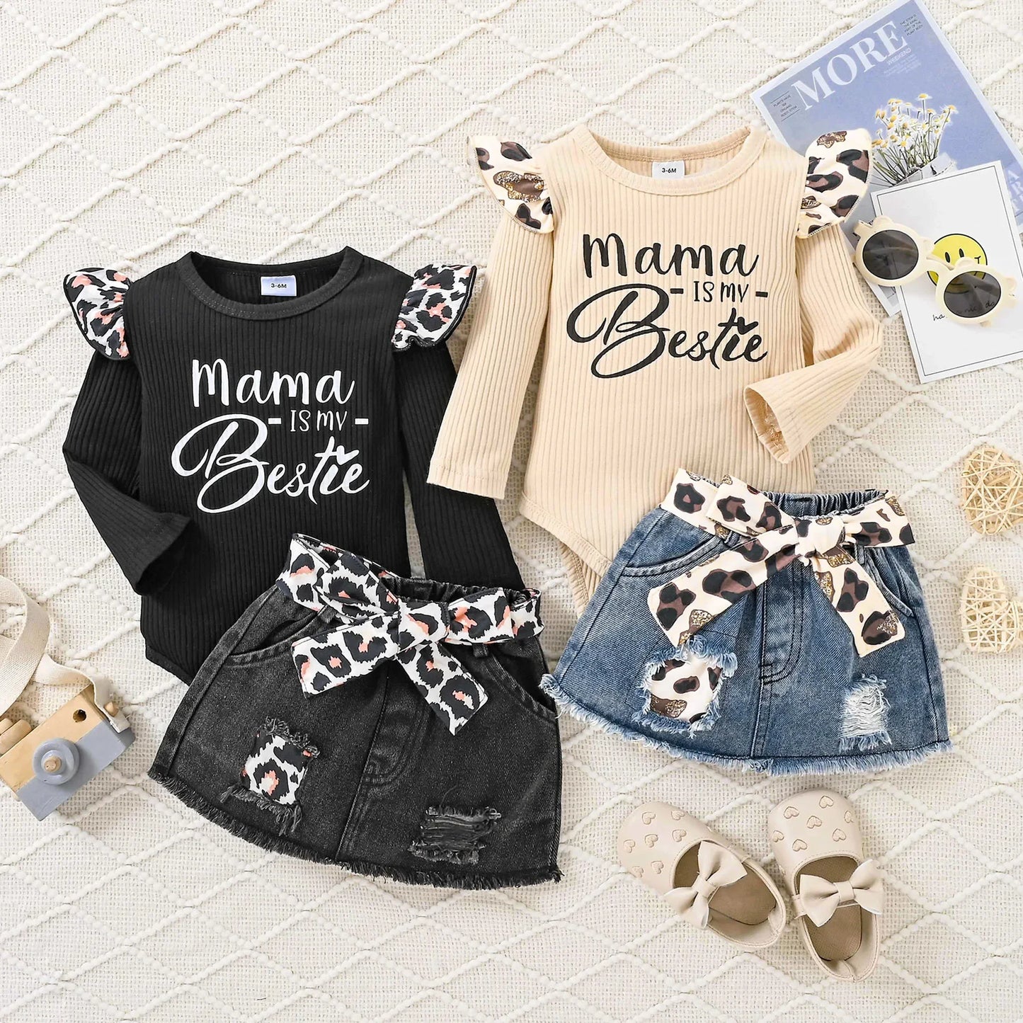 Baby Girl 100% Cotton Leopard Print Belted Ripped Denim Skirt and Letter Print Rib Knit Long-sleeve Romper 3pcs