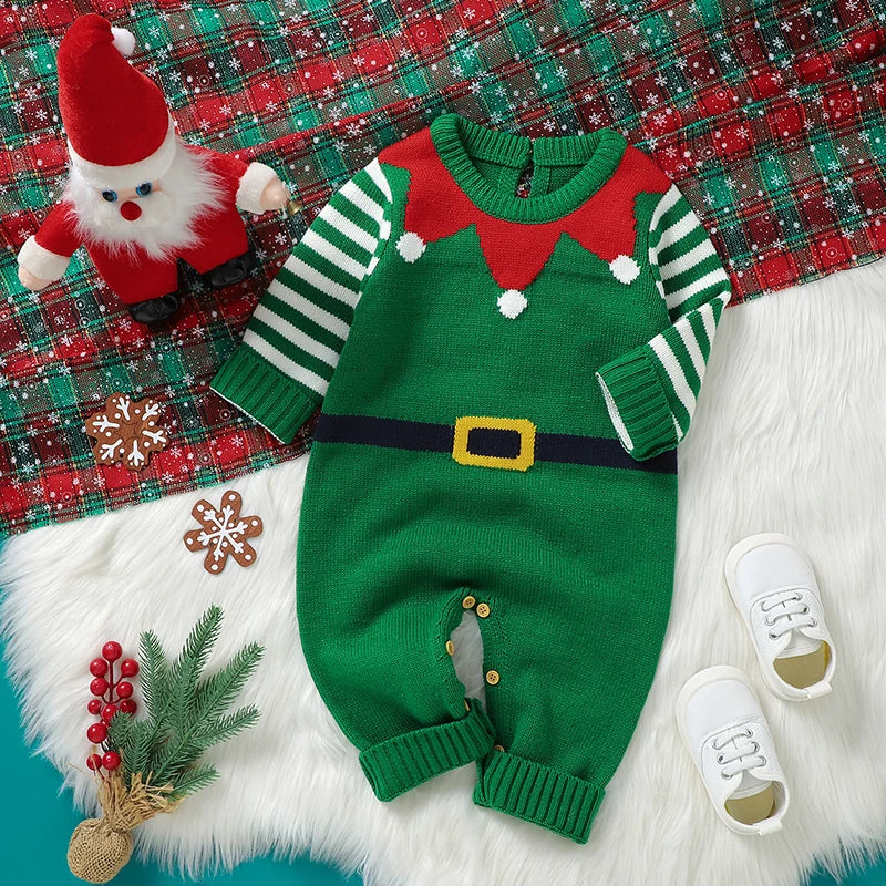 Baby Boy Girl Christmas Romper Knitted With Santa Green Christmas Jumpsuit New Year Costume Newborn Knit Christmas Clothes 0-24M