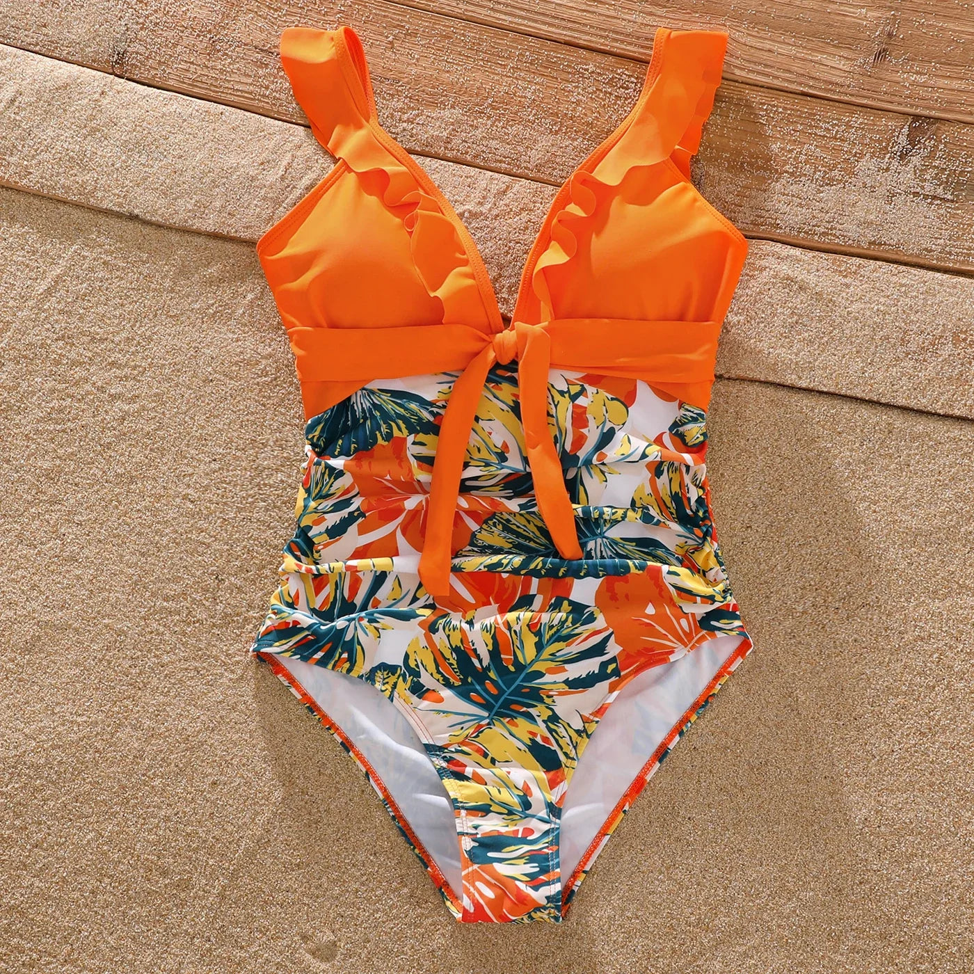 Family Matching Swimsuit Orange All Over Tropical Plant Print Splicing Ruffle One-Piece Swimsuit and Swim Trunks Shorts