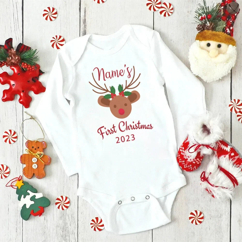 Personalised Baby First Christmas Bodysuits Custom Name Newborn Clothes Boys Girls Long Sleeve Jumpsuit Xmas Party Infant Outfit