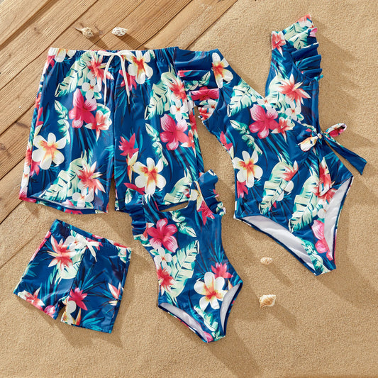 Family Matching Floral Drawstring Swim Trunks or Flutter Sleeves Knot Side One-piece Swimsuit Suitable for Summer Season