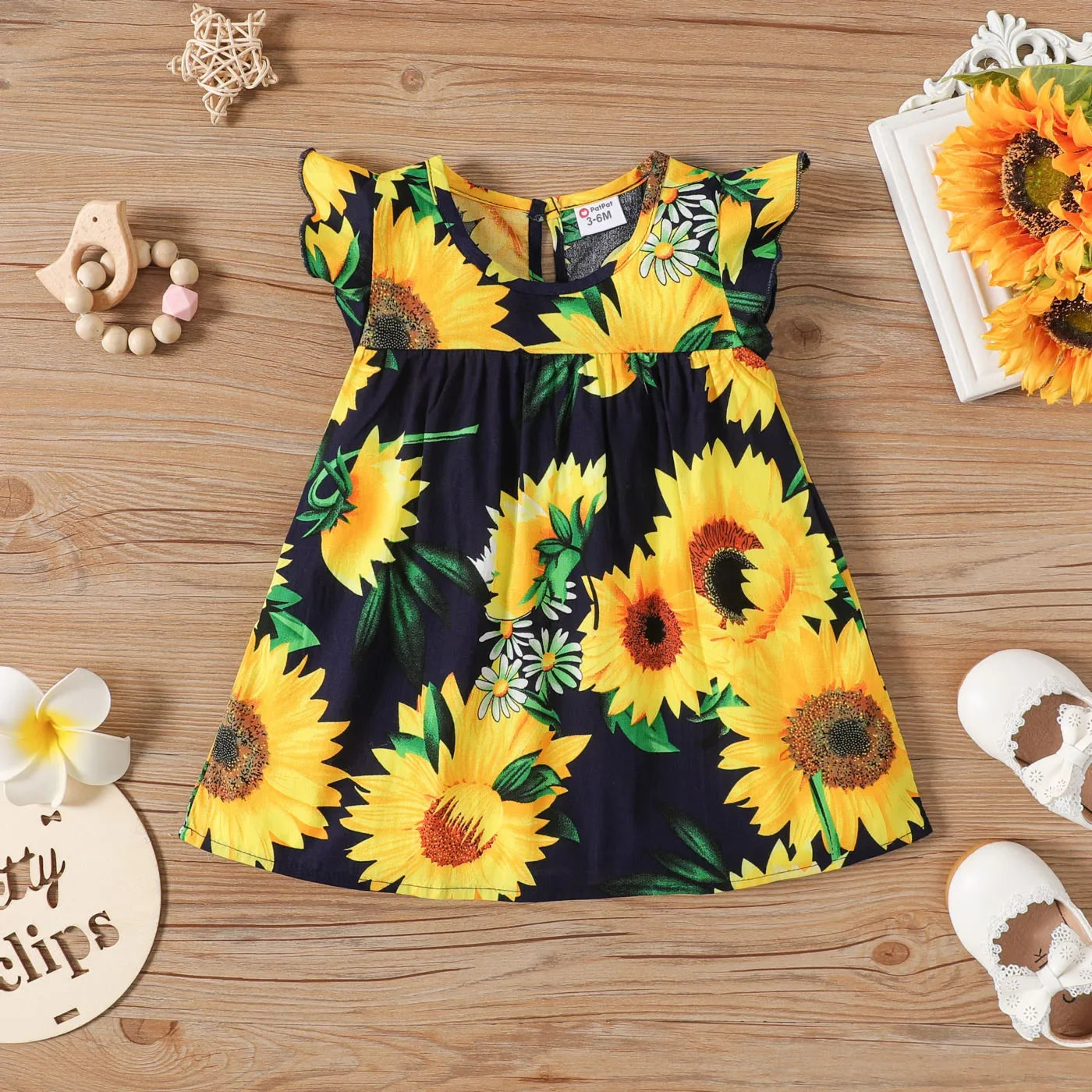 Baby Girl 100% Cotton Cotton Sunflower Print Flutter-sleeve Dress Suitable for Summer Season Soft and Comfortable