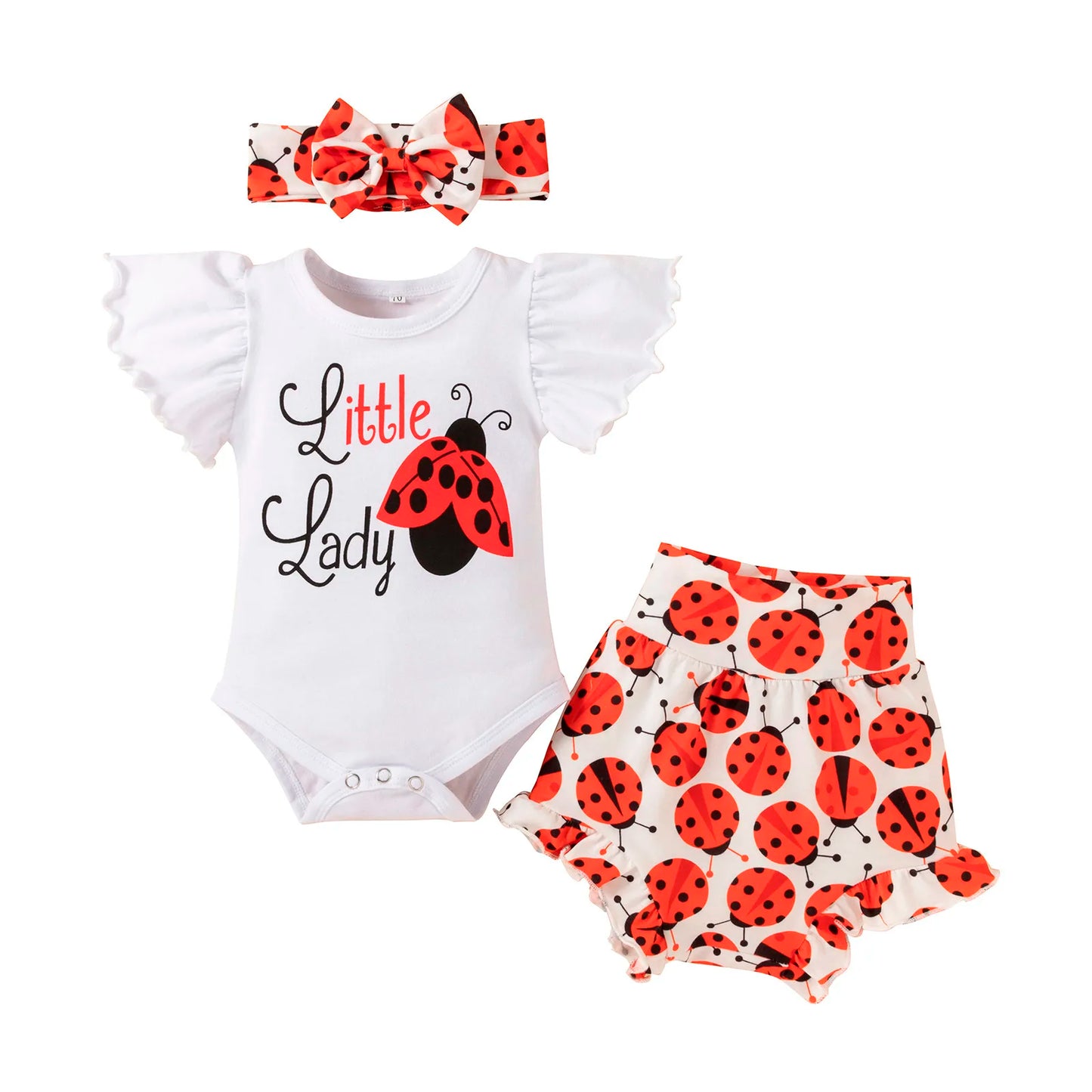 Baby Boys Girls Clothes Sets Fly Sleeve Bodysuit Tops+Cartoon Shorts Pants+Headband 3PCS Clothes Set Outfits 0-2 Years Infant