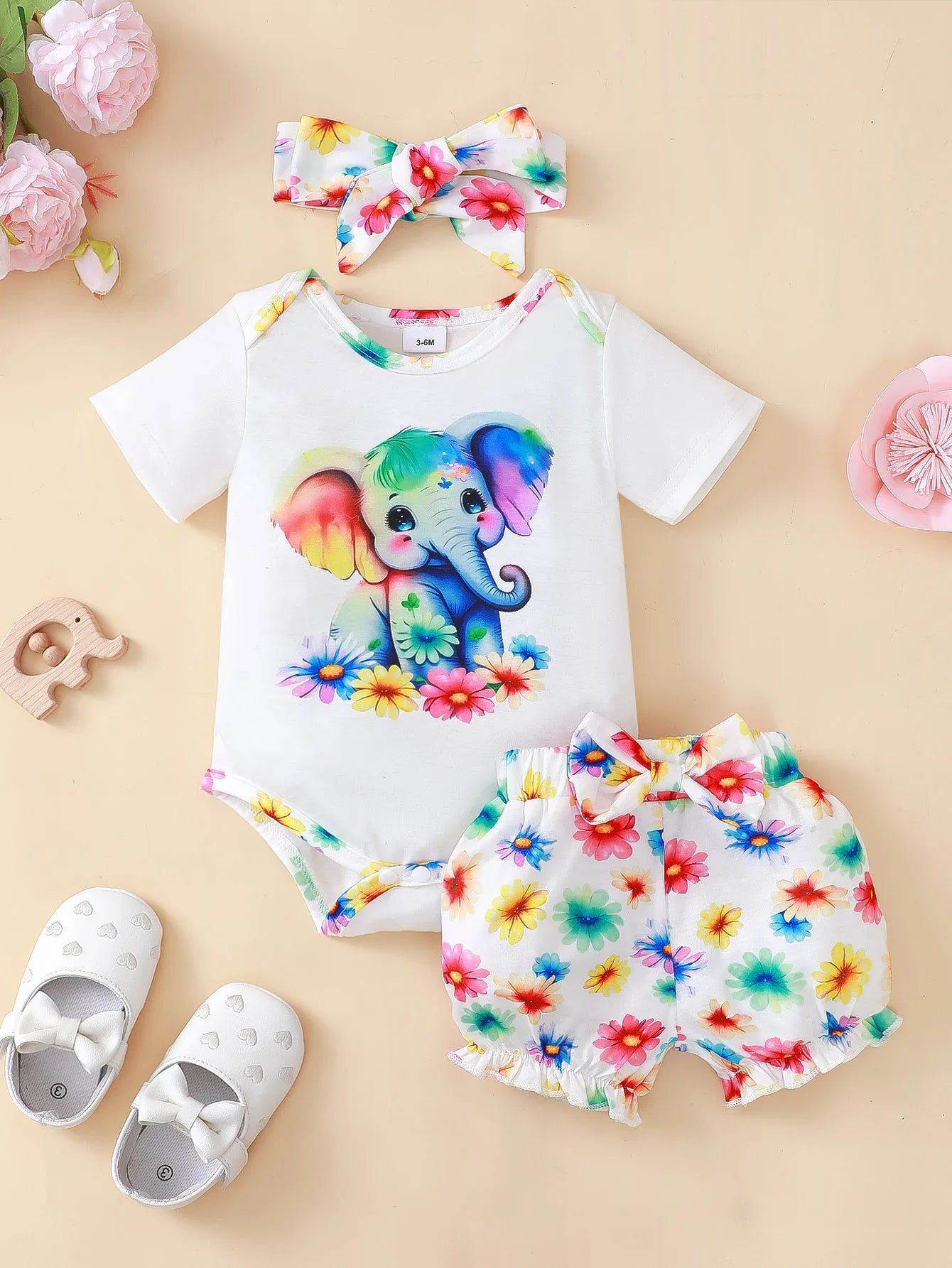 Newborn Baby Girl Clothing Set Short Sleeved Elephant Bodysuit+Flower Shorts Summer Casual Outfits for 0-24 Months Toddler 3pcs