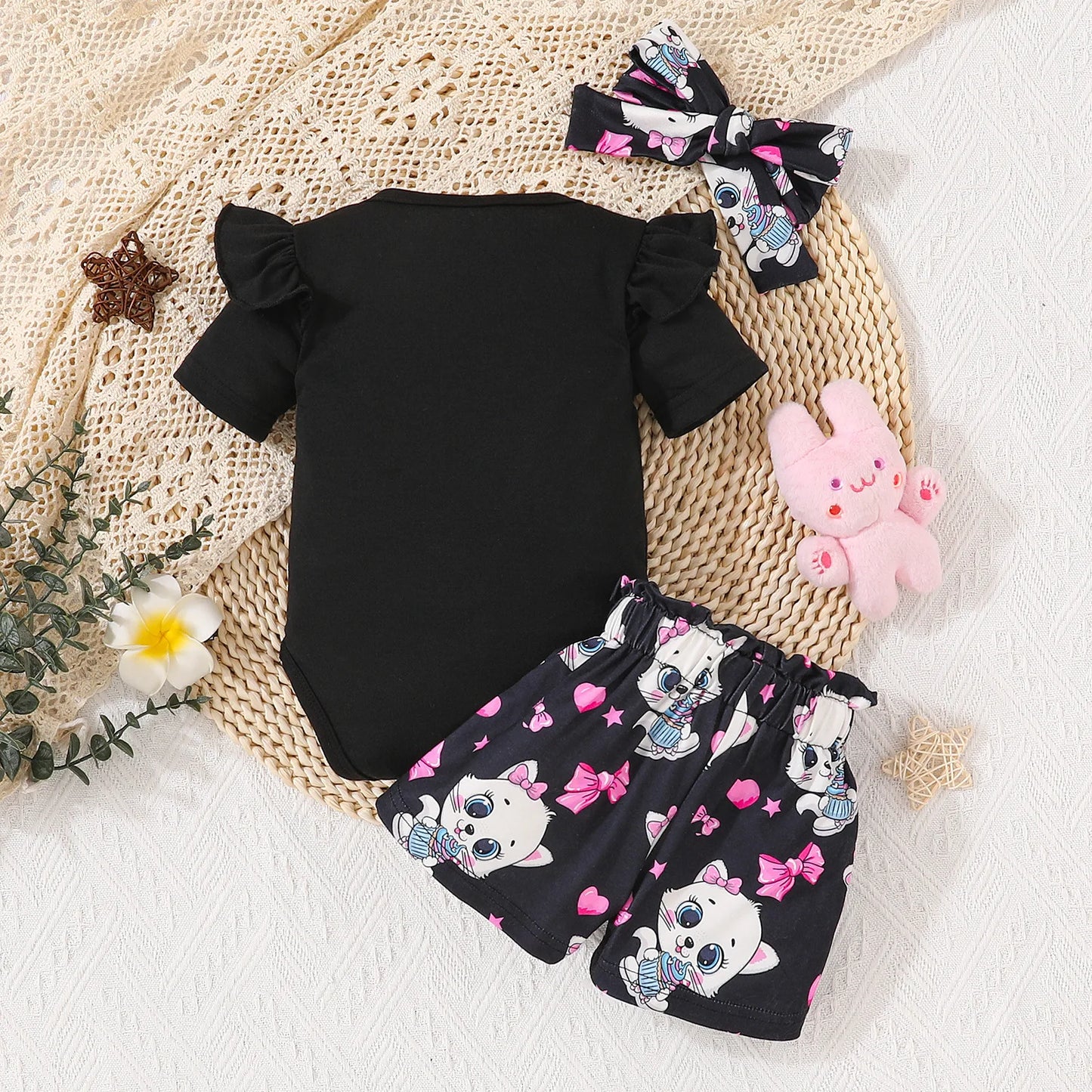 Three-piece Baby Baby Girl Baby Girl Cute cat graphic print short sleeve women's dress and shorts and headscarf set