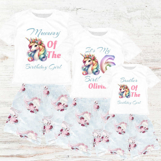 Personalised Unicorn Matching Birthday Shirt and Blue Short Sets