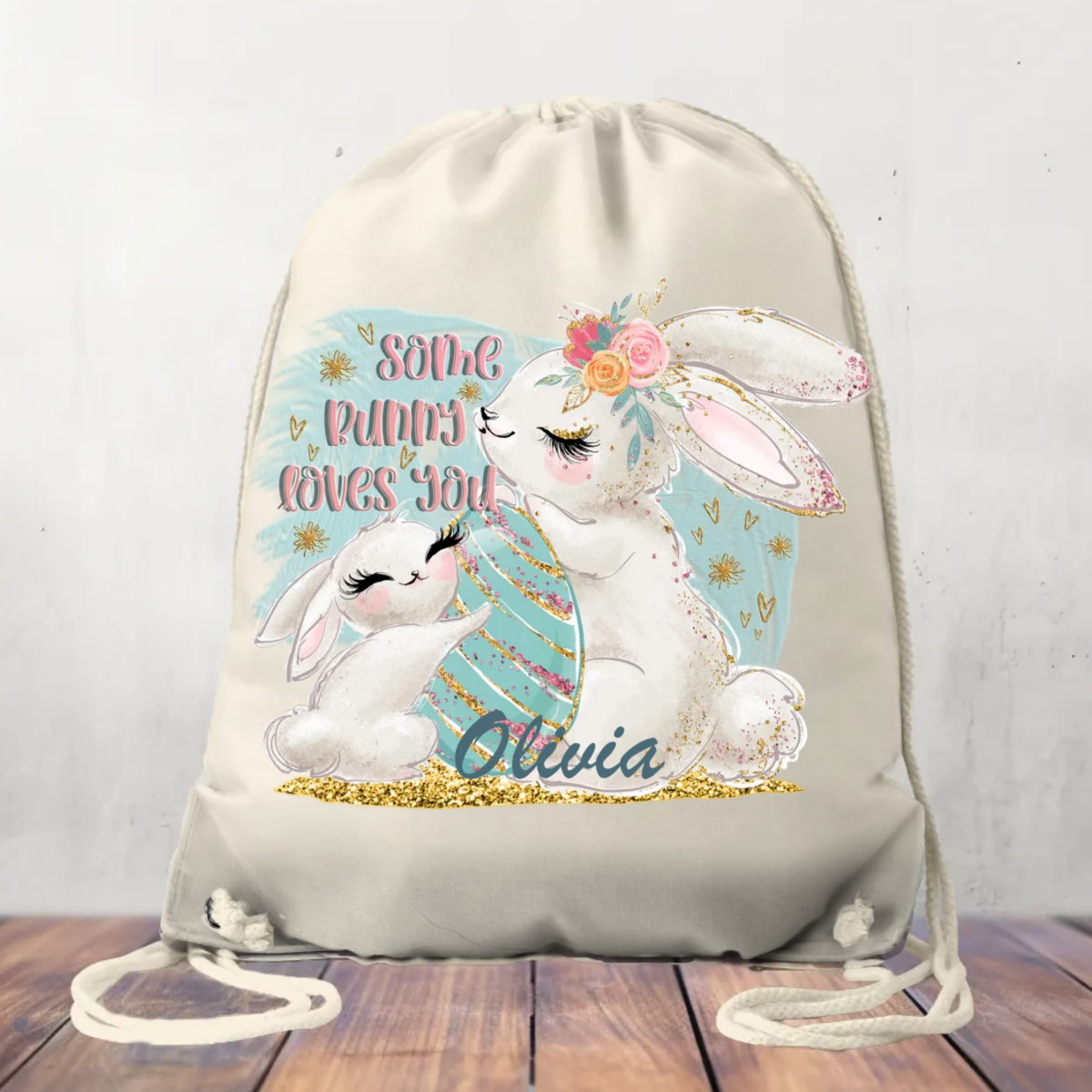 Canvas Drawstring Bag Some Bunny Loves You Personalised Easter