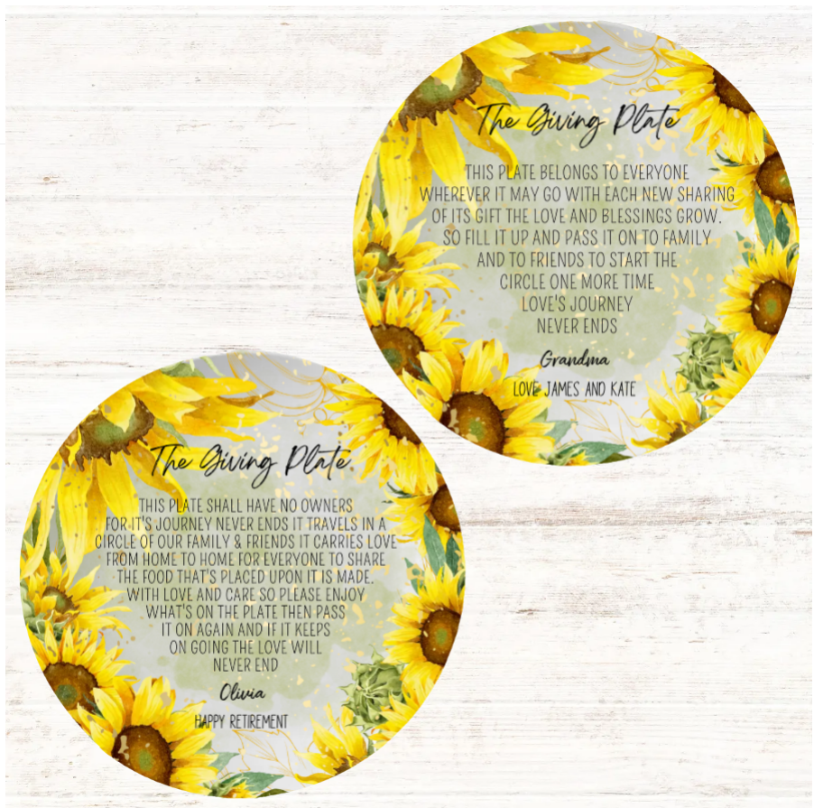 Sunflower Personalised The Giving Plate Set of 2 Plate, Choose Individual Plates or both the Same