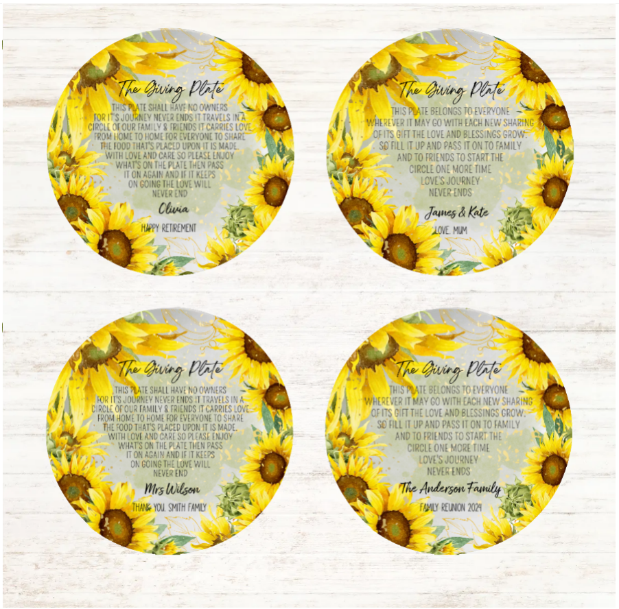 Sunflower Personalised Dinner Plates Set of 4 Plates, Personalised each Plate Separately or all the Same