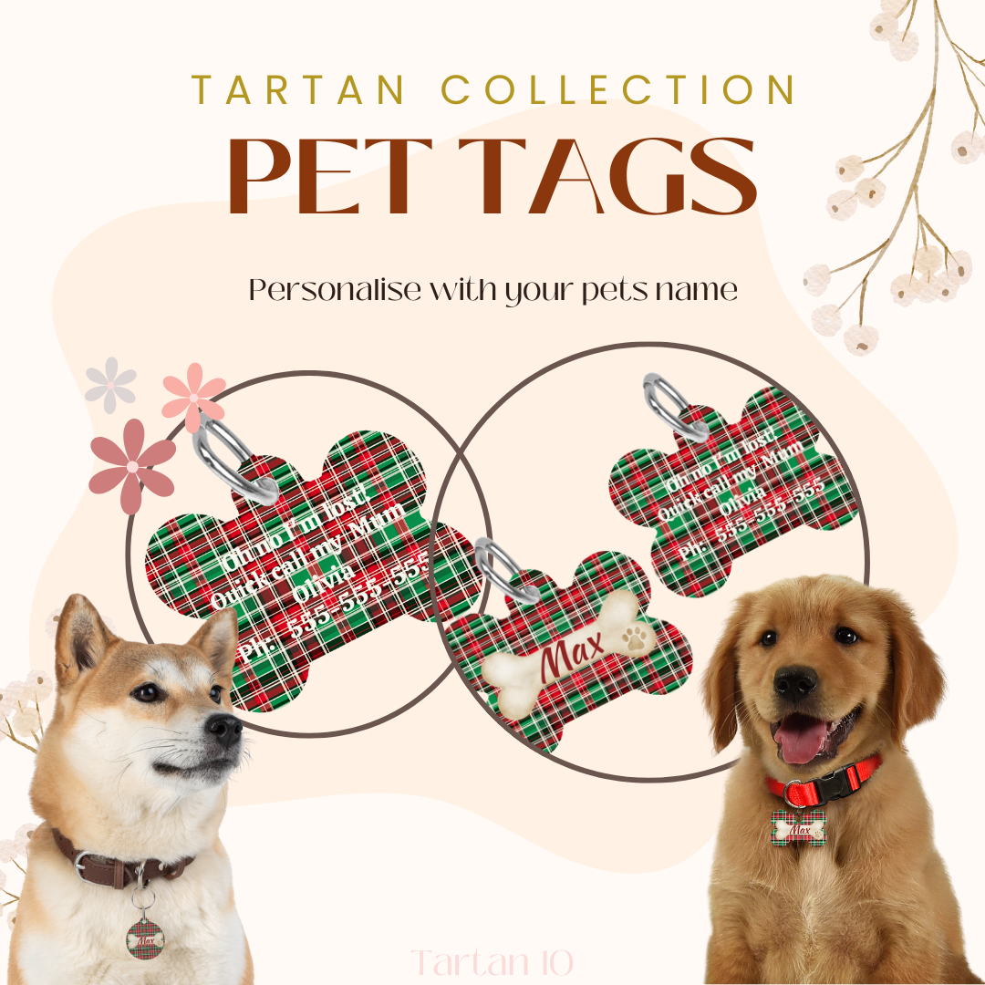 Tartan Collection 10 - Pet Tag Round and Bone Shape, Bandana, Lead, Dinner Bowl, Pet Bed