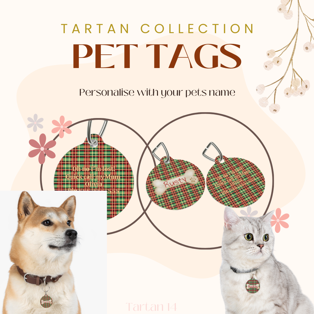 Tartan Collection 14 - Pet Tag Round and Bone Shape, Collar, Bandana, Lead, Dinner Bowl, Pet Bed